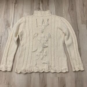 Mia Vintage 1980s Cream Cable Knit Pom Pom Sweater Large Made in Italy